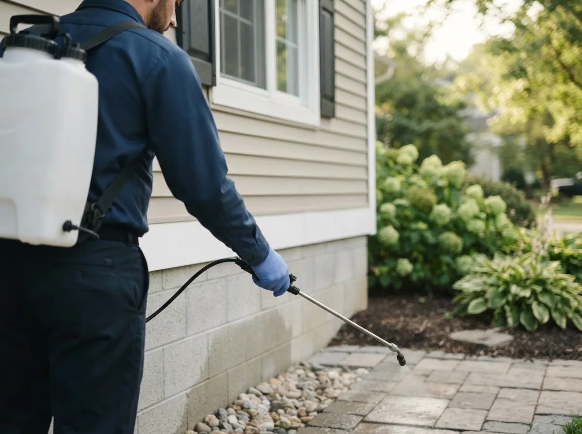 Pest control technician inspecting a home in Clines Corners, NM